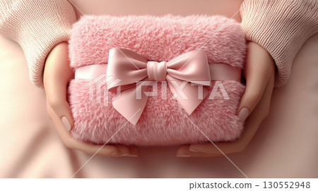 Woman hands holding pink gift satin ribbon, shopping Valentines, New Year, Mothers, Christmas 130552948