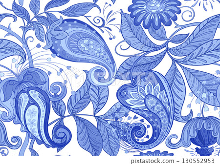 Fantasy flowers in retro, vintage, jacobean embroidery style. 130552953