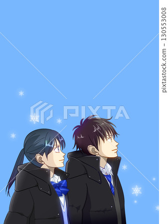 閃閃發光的雪花，冬季學生的動漫風格插圖，右上角的空白 130553008