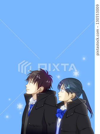 Sparkling snowflakes, anime-style illustration of winter students, white space at top left 130553009