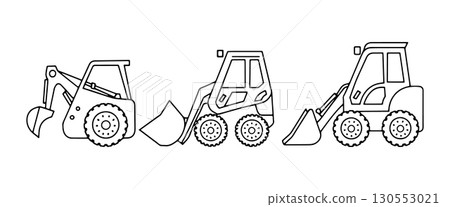 Construction equipment illustration showing three different types of machinery in a simple line art style 130553021