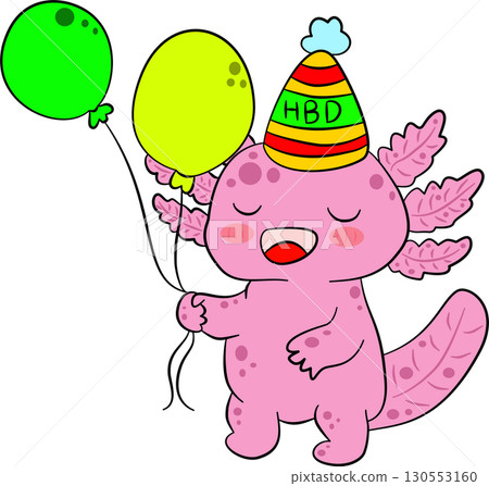 Pink axolotl holding a Happy Birthday balloon Pink axolotl holding a Happy Birthday balloon 130553160