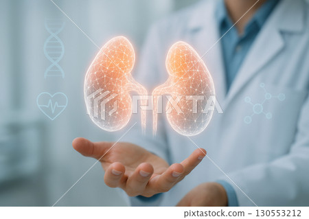 AI generated futuristic medical visualization showing glowing adrenal glands hologram above doctors hand in clean modern healthcare environment with digital health data elements 130553212