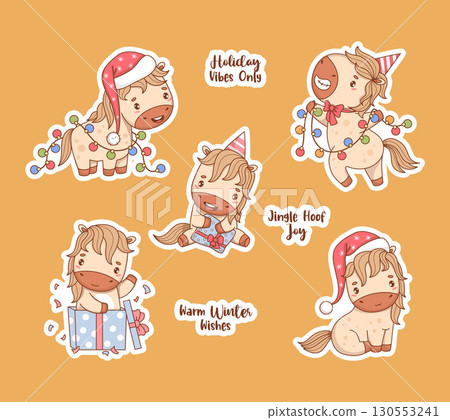 Cute Holiday Horse Stickers. Isolated Funny Pony in Birthday Hat with Garland, in Gift Box and Santa Christmas Hat with cool Slogans. Symbol 2026 year to Eastern calendar. Vector illustration. Not AI Cute Holiday Horse Stickers. Isolated Funny Pony in Birthday Hat with Garland, in Gift Box and Santa Christmas Hat with cool Slogans. Symbol 2026 year to Eastern calendar. Vector illustration. Not AI 130553241