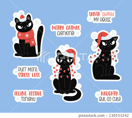 Cute Christmas Black Cat in Red Santa Hat in Festive Garland Stickers set. Winter holiday Funny emotional Pet character with Funny Phrases and Slogans. Vector illustration. Not AI Cute Christmas Black Cat in Red Santa Hat in Festive Garland Stickers set. Winter holiday Funny emotional Pet character with Funny Phrases and Slogans. Vector illustration. Not AI 130553242