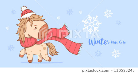 Cute Winter Little Horse in Hat and Scarf with Snowflakes. New Year kawaii animal. Symbol 2026 year to Eastern calendar. Horizontal Seasonal Poster with Slogan. Vector illustration. Not AI Cute Winter Little Horse in Hat and Scarf with Snowflakes. New Year kawaii animal. Symbol 2026 year to Eastern calendar. Horizontal Seasonal Poster with Slogan. Vector illustration. Not AI 130553243
