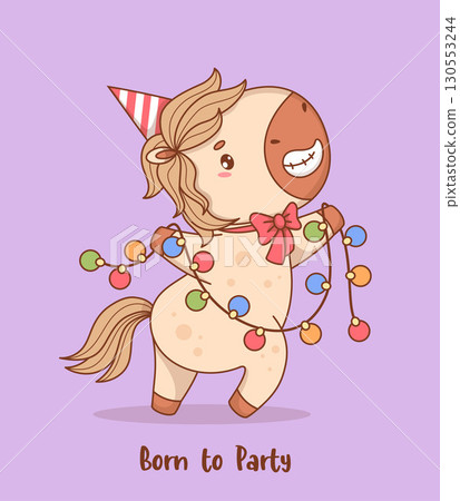 Happy Little Pony in Birthday Cap with Garland. Funny Festive kawaii animal. Vector illustration. Holiday cool card. 2026 Eastern calendar, Horse symbol year. Not AI Happy Little Pony in Birthday Cap with Garland. Funny Festive kawaii animal. Vector illustration. Holiday cool card. 2026 Eastern calendar, Horse symbol year. Not AI 130553244