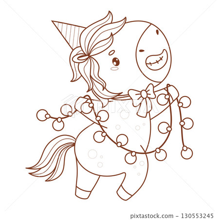 Outline Happy Pony in Birthday Cap with Garland. Funny Holiday kawaii animal. Line drawing, coloring book. Vector illustration. 2026 Eastern calendar, Horse symbol year. Not AI Outline Happy Pony in Birthday Cap with Garland. Funny Holiday kawaii animal. Line drawing, coloring book. Vector illustration. 2026 Eastern calendar, Horse symbol year. Not AI 130553245