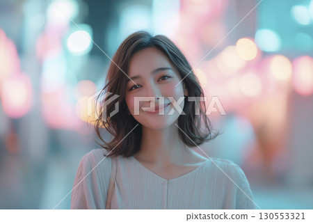 Woman in her 20s, downtown at night, portrait, looking at camera 130553321
