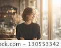 Woman in her 20s, evening cafe portrait 130553342