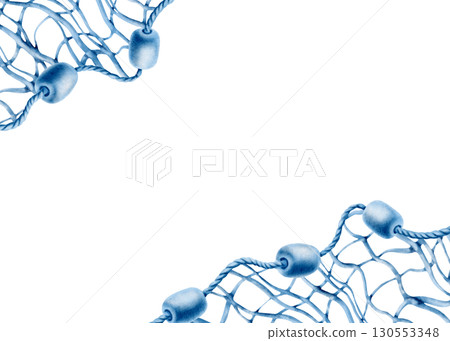 Diagonal marine template buoys made of foam on a twisted rope with a fishing net in a monochrome watercolor illustration for decorating marine-themed parties and fish restaurants.Hand-drawn clipart 130553348