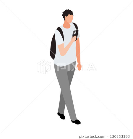一名男子站立並看著智慧型手機的插圖 130553393