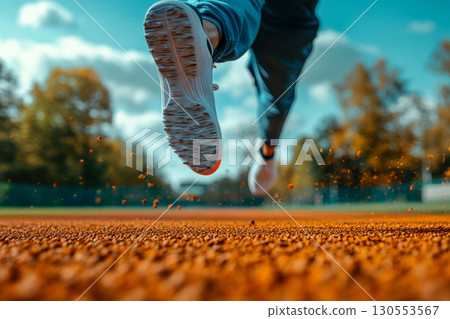 Running shoe sole in dynamic motion, kicking up track granules on an outdoor athletic track. Fitness exercise shows speed, energy and power under blue sky. Running shoe sole in dynamic motion, kicking up track granules on an outdoor athletic track. Fitness exercise shows speed, energy and power under blue sky. 130553567