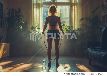 Young woman stands holding jump rope indoors, facing a bright window. Home fitness workout, natural morning light, healthy active lifestyle. 130553579