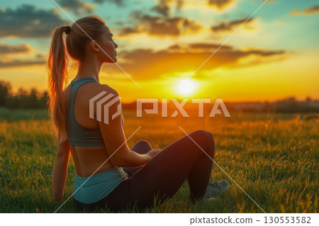 Woman in sportswear sitting calmly on green grass field, observing the beautiful golden sunset sky. Peaceful outdoor scene with warm natural light. Relaxing moment. 130553582