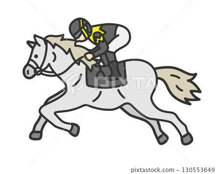 奔跑的灰色賽馬的側視圖（彩色線圖） 130553649