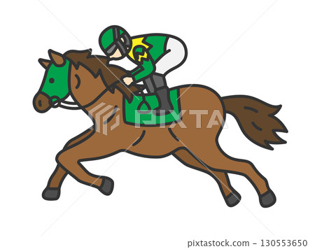 Side view of a running racehorse wearing a mask (line drawing color) 130553650