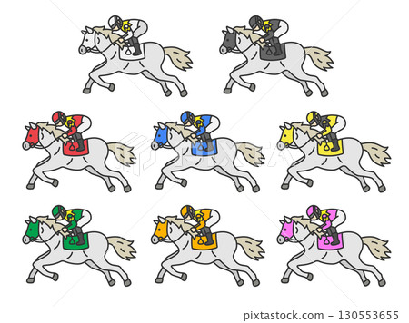 Illustration set of masked gray racehorses (line drawing color) by gate number 130553655