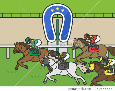 Illustration of a horse racing finish line (colored line drawing) 130553657