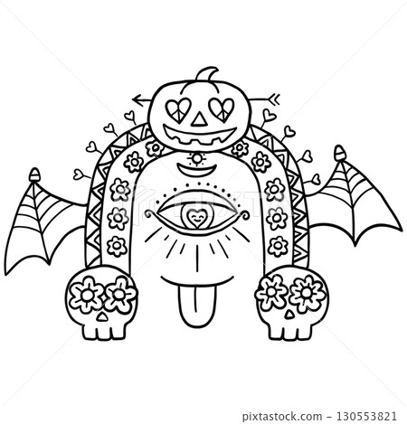 halloween cute cartoon. Halloween-themed doodle with pumpkin, skulls, wings, and hearts. In groovy boho halloweeen doodle line graphic halloween cute cartoon. Halloween-themed doodle with pumpkin, skulls, wings, and hearts. In groovy boho halloweeen doodle line graphic 130553821