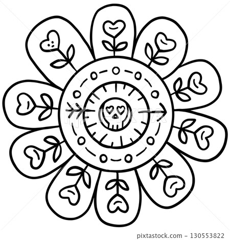 halloween cute cartoon. Black and white floral mandala with heart-shaped petals and skull center. In groovy boho halloweeen doodle line graphic 130553822