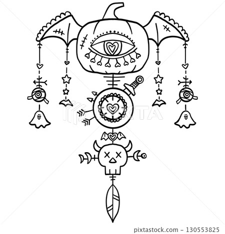 halloween cute cartoon. Abstract black and white mystical totem with symbolic elements and hanging charms. In groovy boho halloweeen doodle line graphic 130553825