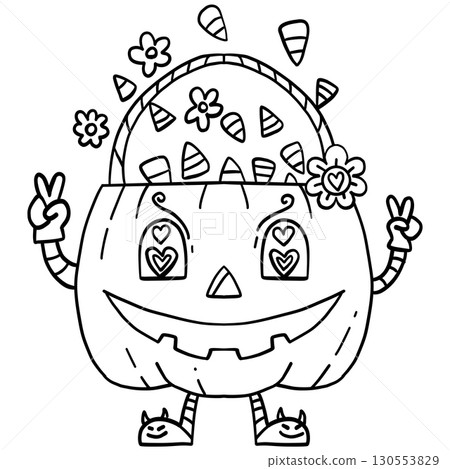 halloween cute cartoon. A smiling pumpkin basket filled with candy corn, decorated with flowers and peace signs. In groovy boho halloweeen doodle line graphic 130553829