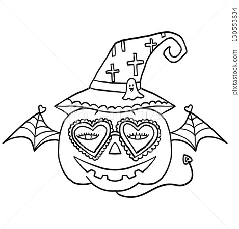 halloween cute cartoon. Halloween pumpkin with heart-shaped eyes, bat wings, and a witch hat In groovy boho halloweeen doodle line graphic 130553834