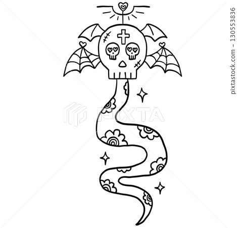 halloween cute cartoon. Line art of a skull with bat wings and a patterned snake tail, featuring hearts. In groovy boho halloweeen doodle line graphic 130553836