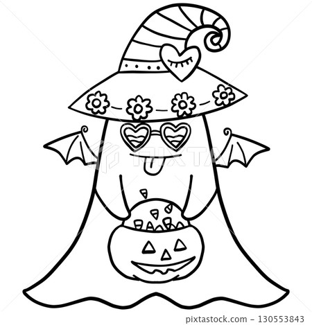 halloween cute cartoon. Cute Halloween ghost wearing a witch hat and heart-shaped glasses. In groovy boho halloweeen doodle line graphic halloween cute cartoon. Cute Halloween ghost wearing a witch hat and heart-shaped glasses. In groovy boho halloweeen doodle line graphic 130553843