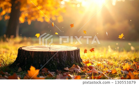 Tree Stump Podium with Soft Autumn Sunlight 130553879
