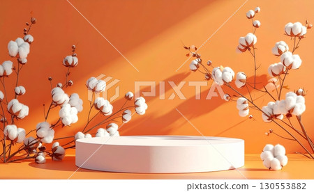 White Podium with Cotton Flowers on Orange Background 130553882
