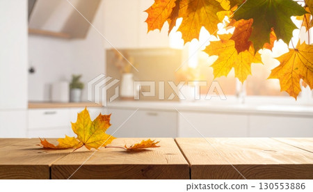 Autumn Leaves on Minimalist Kitchen Counter Autumn Leaves on Minimalist Kitchen Counter 130553886