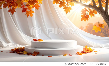 White Podium with Autumn Tree and Soft Sunlight on White Background White Podium with Autumn Tree and Soft Sunlight on White Background 130553887