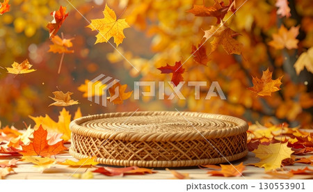 Woven Rattan Podium with Autumn Leaves 130553901