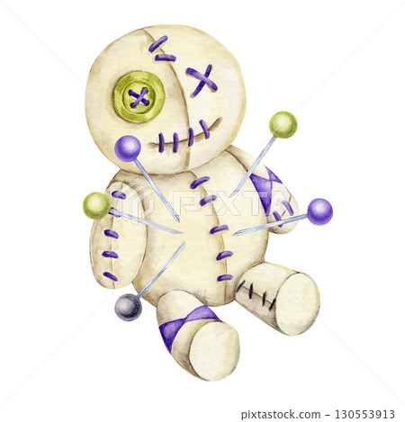 Watercolor clipart voodoo doll with green and purple pins, stitched button face, and patch details. Seamless pattern component for spooky textiles, crafts, or party invites Watercolor clipart voodoo doll with green and purple pins, stitched button face, and patch details. Seamless pattern component for spooky textiles, crafts, or party invites 130553913