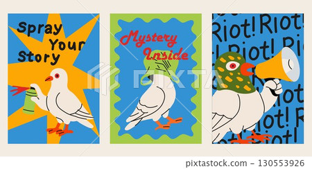 Protest Pigeons Poster Set with Urban Graffiti Style 130553926