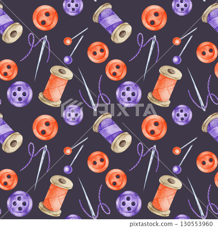 Colorful buttons, thread spools, and hand-stitching elements in watercolor clipart. Seamless pattern perfect for digital papers, themed textile, or notebook covers 130553960