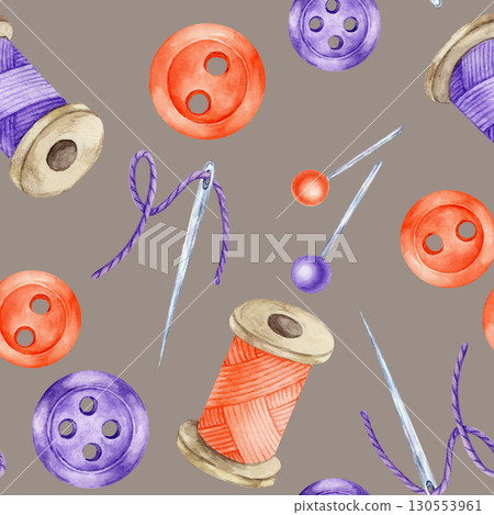 Spools of orange thread, purple buttons, and stitched needles scattered across taupe. Watercolor clipart seamless pattern great for planner pages and sewing-themed notebooks Spools of orange thread, purple buttons, and stitched needles scattered across taupe. Watercolor clipart seamless pattern great for planner pages and sewing-themed notebooks 130553961