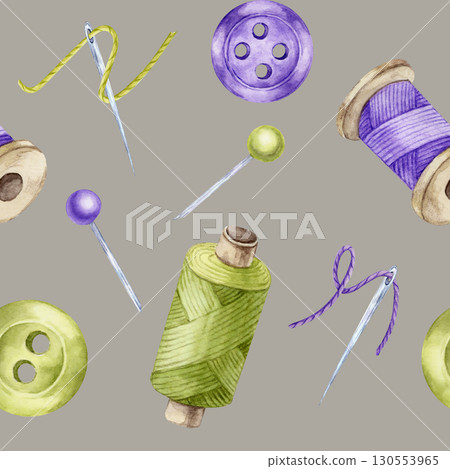 Violet and green thread spools, pins, buttons, and threads with sewing needles. Watercolor illustration in seamless pattern use for fabric shops, craft labels, and sewing-themed paper Violet and green thread spools, pins, buttons, and threads with sewing needles. Watercolor illustration in seamless pattern use for fabric shops, craft labels, and sewing-themed paper 130553965