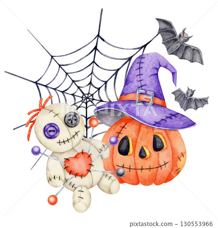 Watercolor clipart of two voodoo dolls with pins, witch hats, spider web, and pumpkin. festive Halloween style item perfect for spooky textile prints, merch, or clipart bundles Watercolor clipart of two voodoo dolls with pins, witch hats, spider web, and pumpkin. festive Halloween style item perfect for spooky textile prints, merch, or clipart bundles 130553966