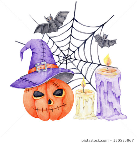 Carved pumpkin, tall candles, spider web, and bats with purple witch hat in watercolor clipart. festive Halloween element for themed stationery, notebooks, or decor prints Carved pumpkin, tall candles, spider web, and bats with purple witch hat in watercolor clipart. festive Halloween element for themed stationery, notebooks, or decor prints 130553967