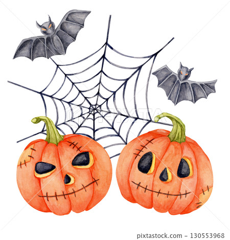 Two orange pumpkins with carved faces, wax candle, and spider web in watercolor clipart. festive Halloween element for spooky party labels, wrapping paper, or scrapbook pages Two orange pumpkins with carved faces, wax candle, and spider web in watercolor clipart. festive Halloween element for spooky party labels, wrapping paper, or scrapbook pages 130553968