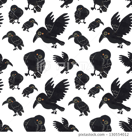 Seamless pattern of different black ravens. Halloween holiday. Watercolor illustration hand drawn. Drawing for paper, textile, invitations. Raven, crow, night, October 130554012