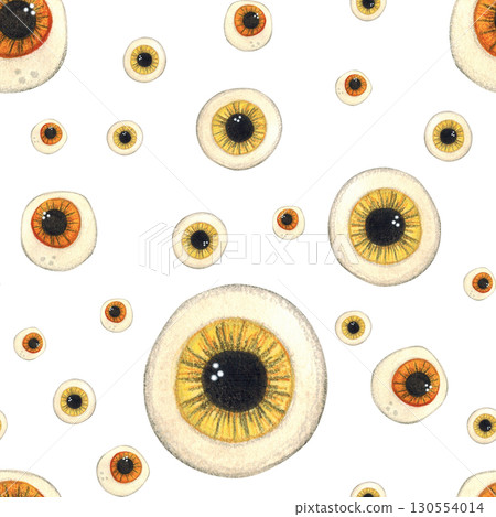 Seamless pattern for Halloween from eyeballs of different sizes in yellow and orange colors. Watercolor illustration hand drawn, cartoon. Drawing for ribbons, invitations, banner. October, holiday,fun Seamless pattern for Halloween from eyeballs of different sizes in yellow and orange colors. Watercolor illustration hand drawn, cartoon. Drawing for ribbons, invitations, banner. October, holiday,fun 130554014