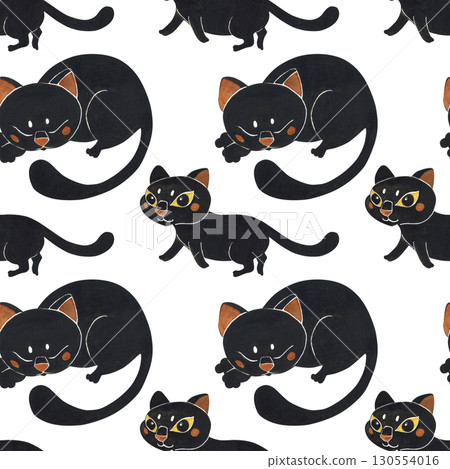 Seamless pattern of different black cats. Halloween holiday. Watercolor illustration hand drawn. Drawing for paper, textile, invitations. Cat, night, October Seamless pattern of different black cats. Halloween holiday. Watercolor illustration hand drawn. Drawing for paper, textile, invitations. Cat, night, October 130554016