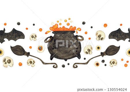 Seamless Halloween border with skulls, potion cauldron, eyes, bats and broom. Watercolor hand drawn illustration, cartoon. Design for ribbons, invitations, banner. October, witch, witchcraft Seamless Halloween border with skulls, potion cauldron, eyes, bats and broom. Watercolor hand drawn illustration, cartoon. Design for ribbons, invitations, banner. October, witch, witchcraft 130554024