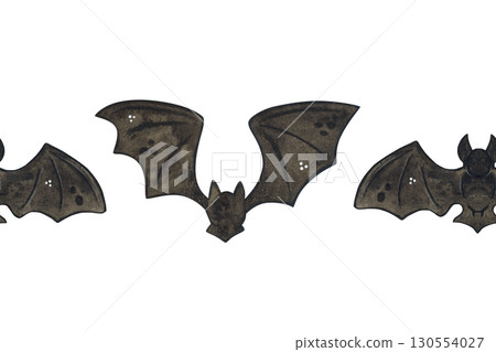 Seamless banner with big black bats for Halloween. Watercolor illustration, hand drawn. Pattern for textile, paper, cards and invitations. Holiday, animals, black 130554027