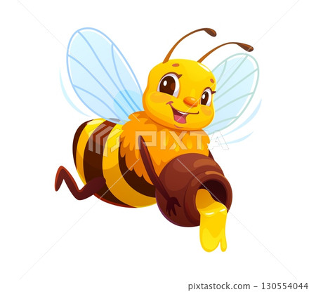 Cartoon honey bee character pouring fresh liquid nectar from honey jar. Isolated cute vector friendly garden insect smiling, delivering sweet apiary product treat, exudes spring beekeeping charm 130554044