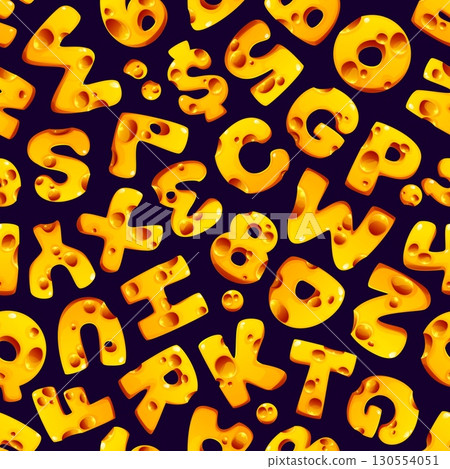 Cheese font, yellow Swiss and madam letters seamless pattern. Vector typography tile background with fun cartoon alphabet uppercase characters, numbers and symbols made of yellow cheese with holes 130554051